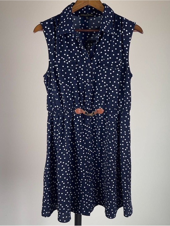 Dresses & Skirts - Always Indigo Navy Blue Polka Dot Sleeveless Shirtdress